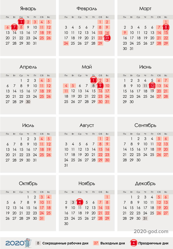 Календарь праздников и выходных для России на 2020 год