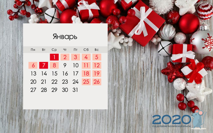 Календарь новогодних праздников и выходных в России на январь 2020 года